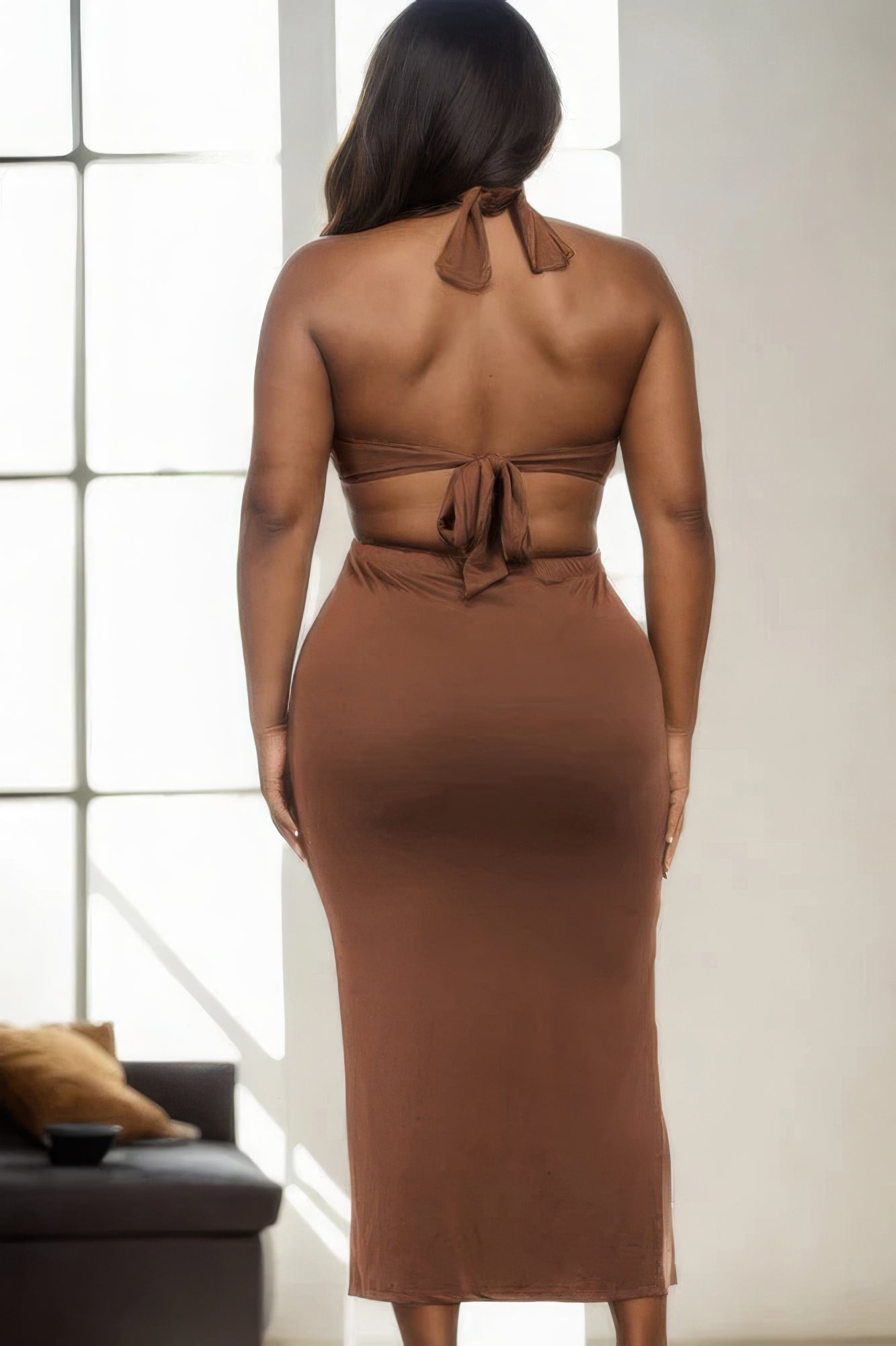 Plus Size Cut-out Halter Neck Double Back Tie Split Thigh Midi Dress