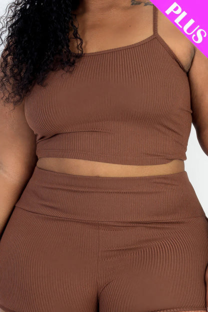 Plus Size Ribbed Cami Crop Top & Ruched Shorts Set